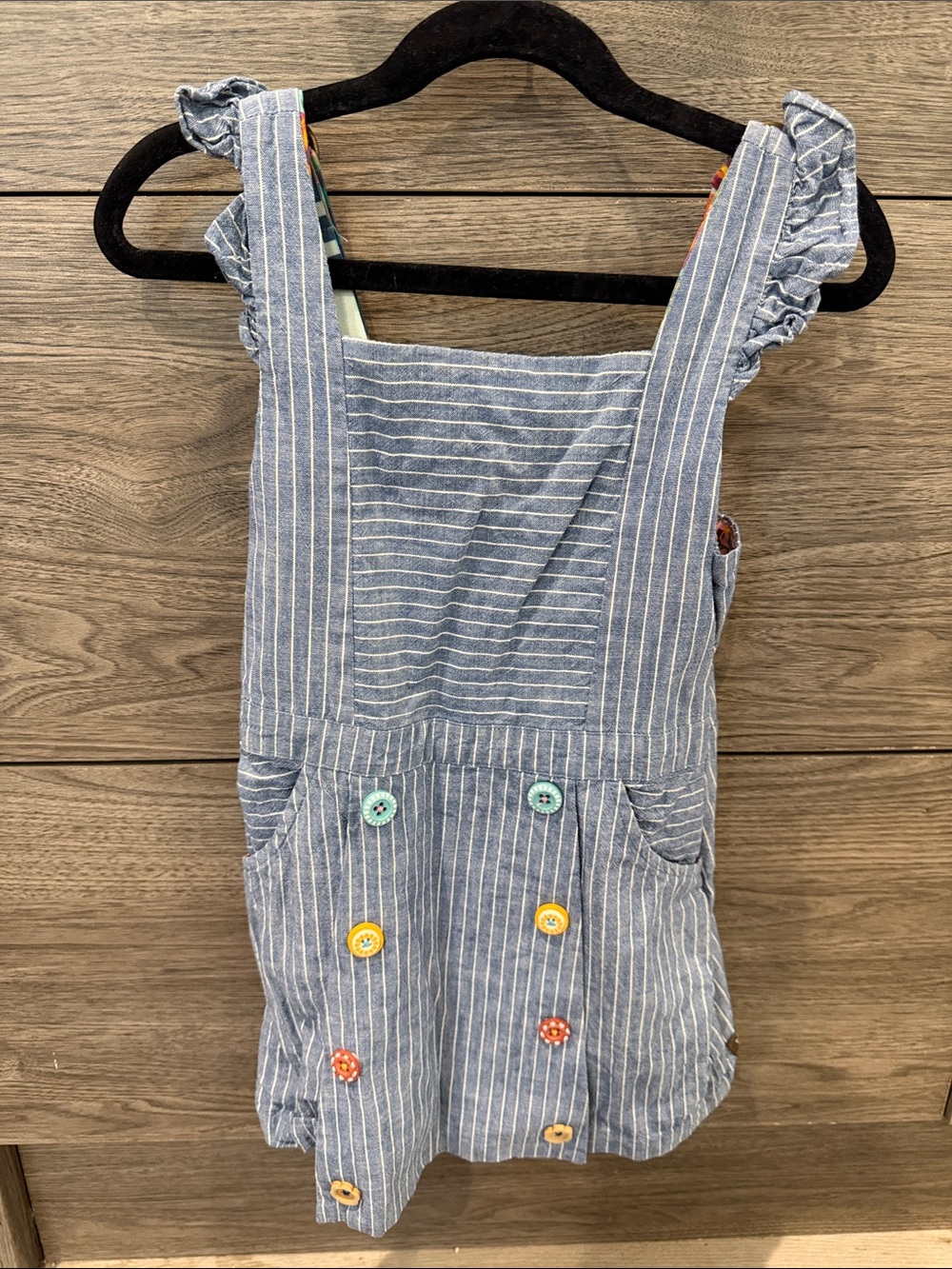Matilda Jane Blue and White Striped Overall Dress with Colorful Buttons
